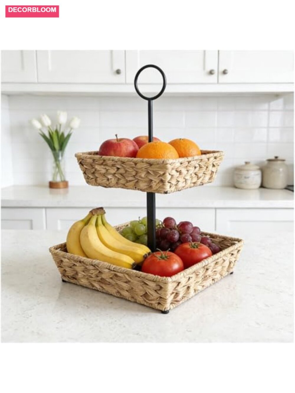 2 Tier Wire Fruit Basket with Rattan Square Metal Standing Storage Organizer